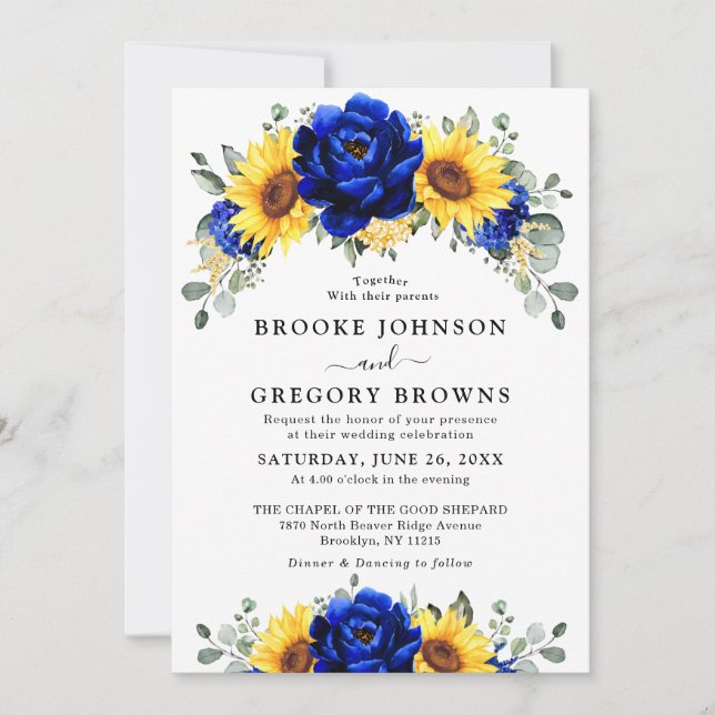 Royal Blue Rustic Sunflower Modern Floral Wedding  Invitation (Front)