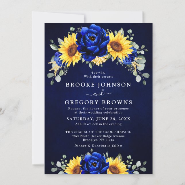 Royal Blue Rustic Sunflower Modern Floral Wedding  Invitation (Front)