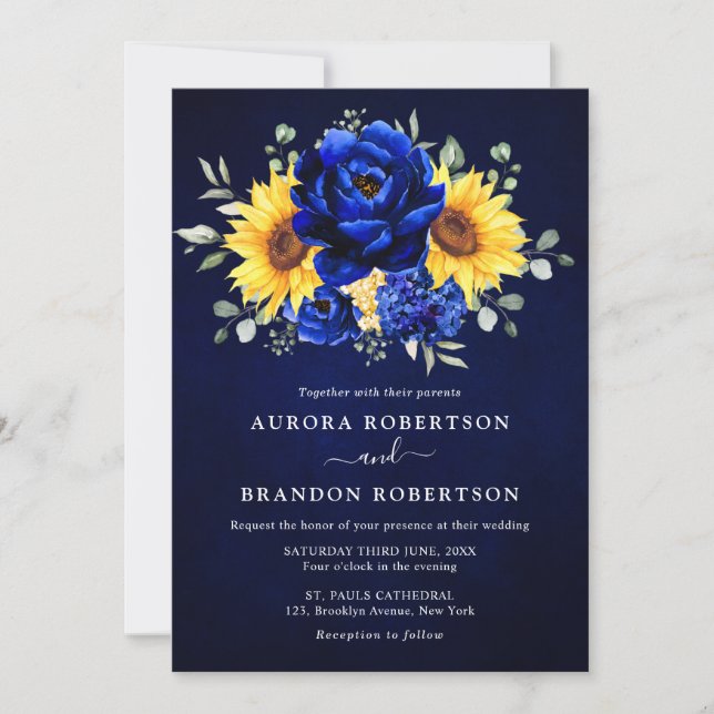 Royal Blue Rustic Sunflower Modern Floral Wedding  Invitation (Front)