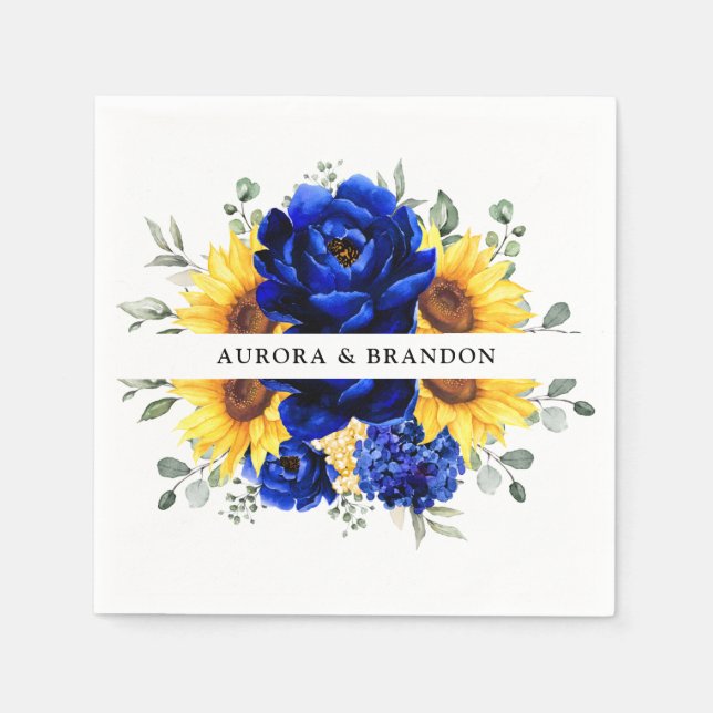 Royal Blue Rustic Sunflower Modern Floral Wedding  Napkin (Front)