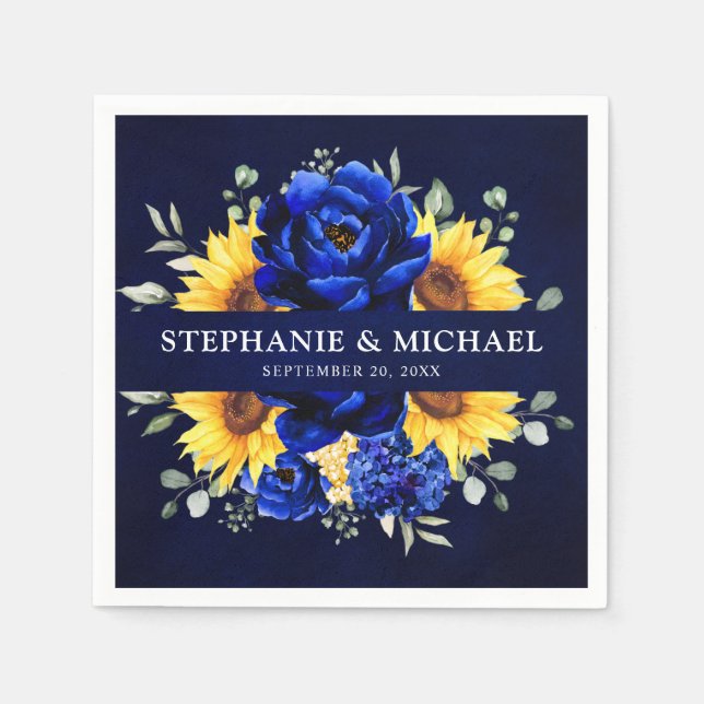 Royal Blue Rustic Sunflower Modern Floral Wedding  Napkin (Front)