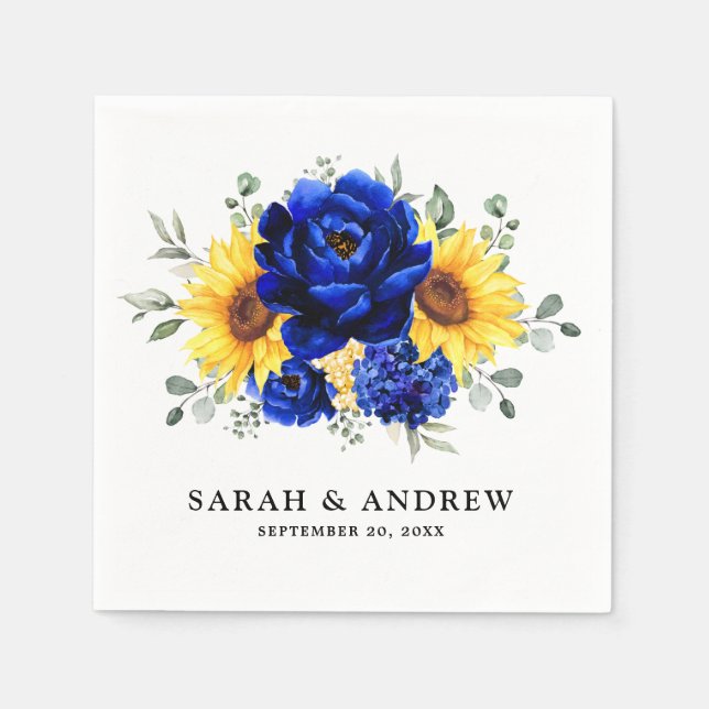 Royal Blue Rustic Sunflower Modern Floral Wedding  Napkin (Front)