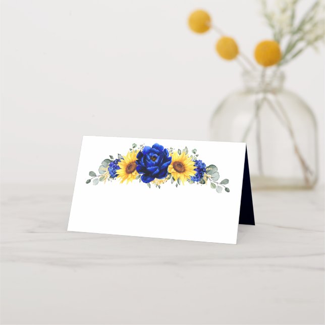Royal Blue Rustic Sunflower Modern Floral Wedding  Place Card (Front)