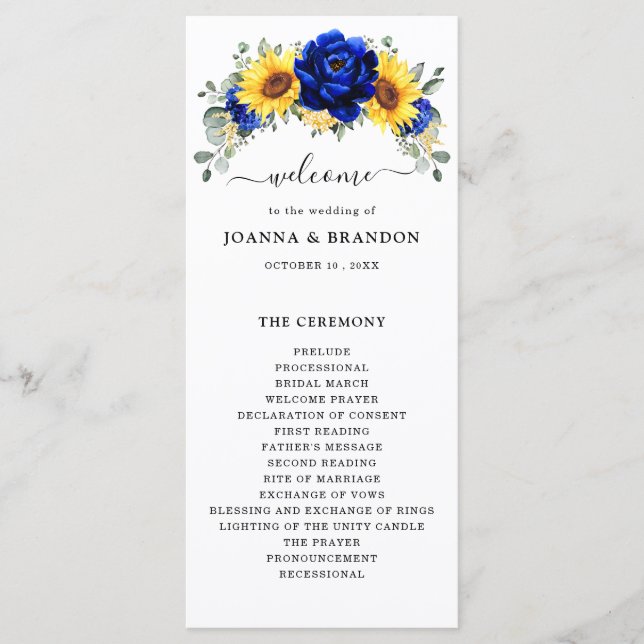 Royal Blue Rustic Sunflower Modern Floral Wedding  Programme (Front)