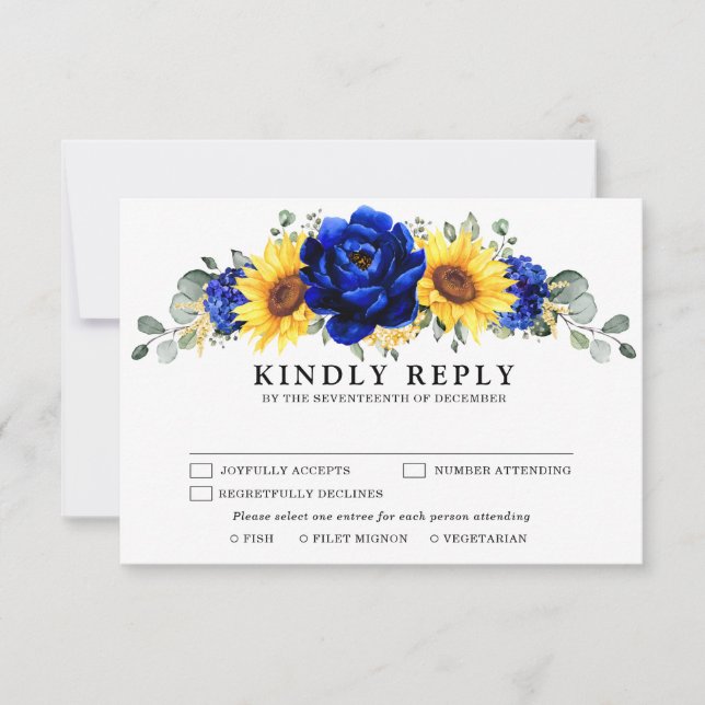 Royal Blue Rustic Sunflower Modern Floral Wedding  RSVP Card (Front)