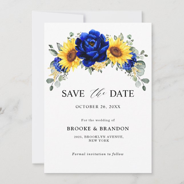 Royal Blue Rustic Sunflower Modern Floral Wedding  Save The Date (Front)