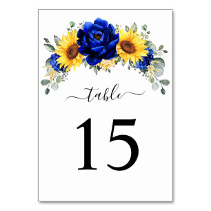 Royal Blue Rustic Sunflower Modern Floral Wedding  Table Number