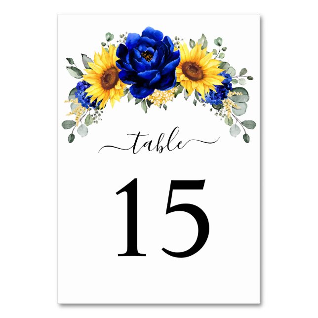 Royal Blue Rustic Sunflower Modern Floral Wedding  Table Number (Front)