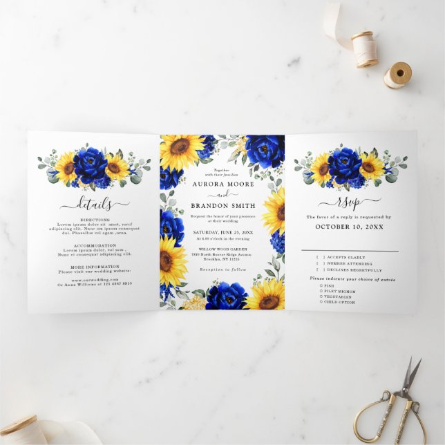 Royal Blue Rustic Sunflower Modern Floral Wedding  Tri-Fold Announcement (Inside)