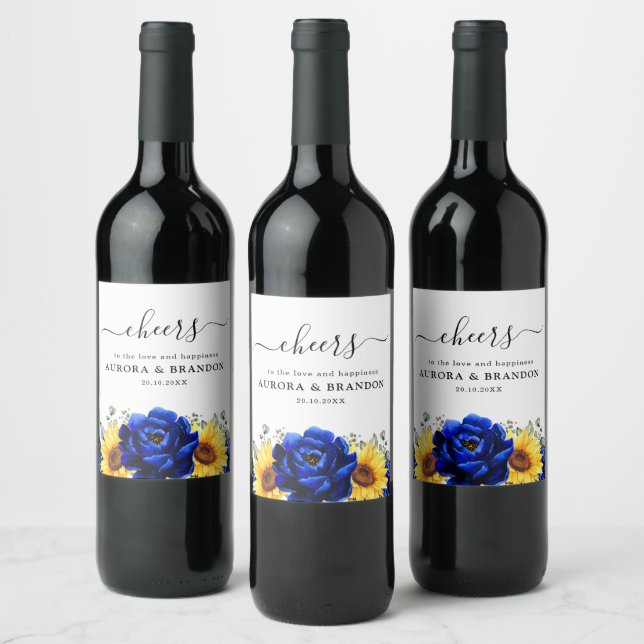 Royal Blue Rustic Sunflower Modern Floral Wedding  Wine Label (Bottles)