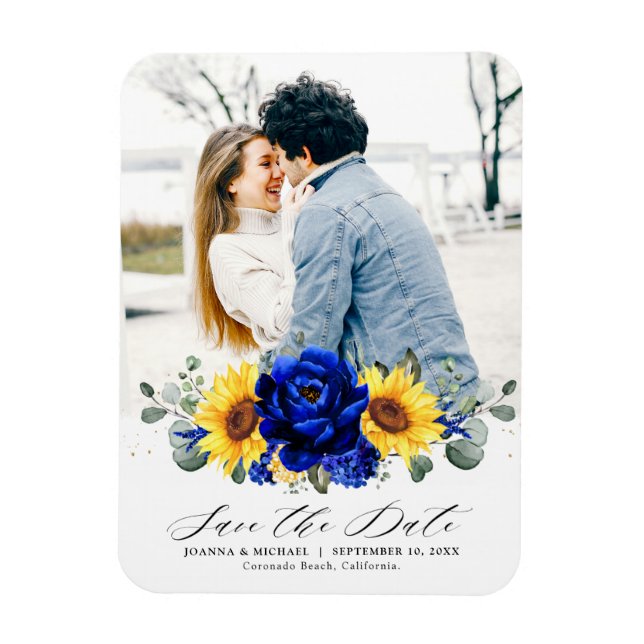 Royal Blue Rustic Sunflower Modern  Save the Date Magnet (Vertical)