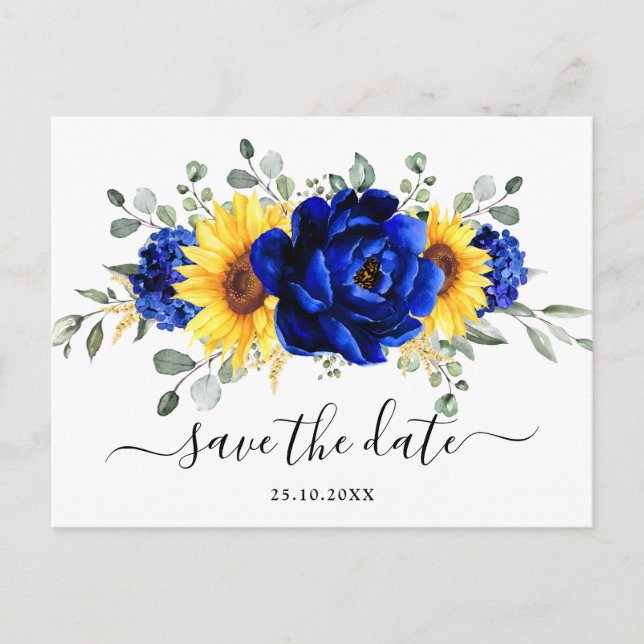 Royal Blue Rustic Sunflower Modern Save the Date Postcard (Front)