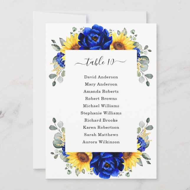 Royal Blue Rustic Sunflower Modern Seating Chart Invitation (Front)
