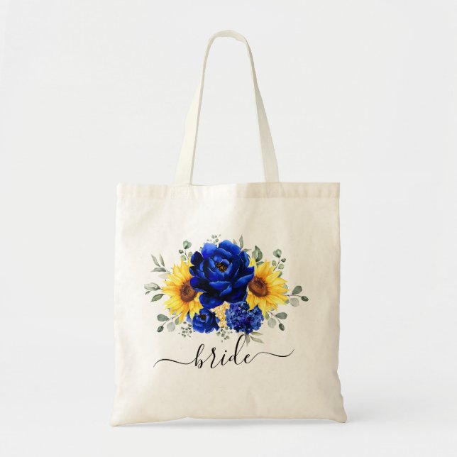 Royal Blue Rustic Sunflower Modern Wedding Bride Tote Bag (Front)