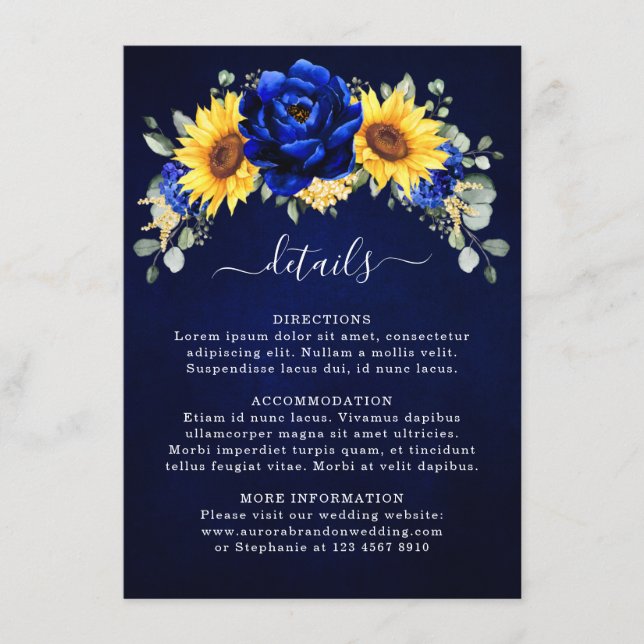Royal Blue Rustic Sunflower Modern Wedding Details Enclosure Card (Front)