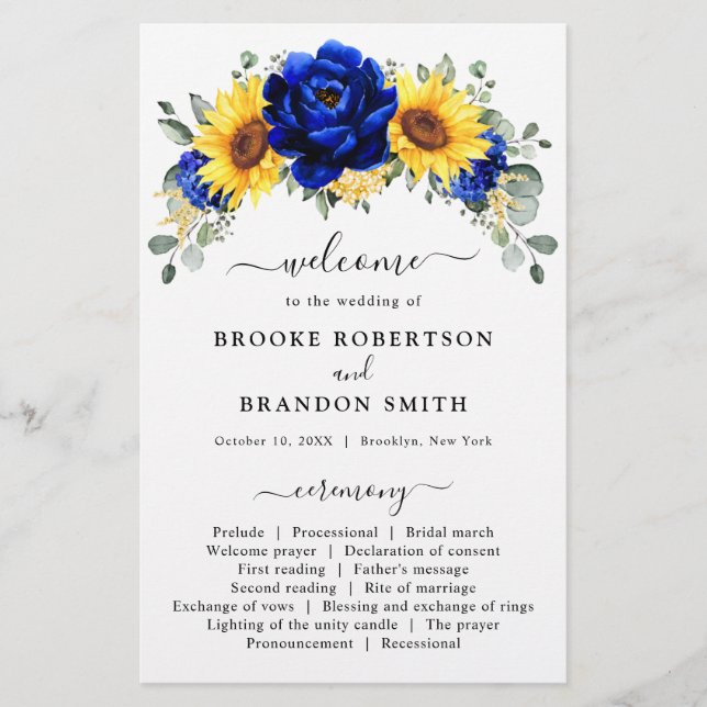 Royal Blue Rustic Sunflower Modern Wedding Program (Front)