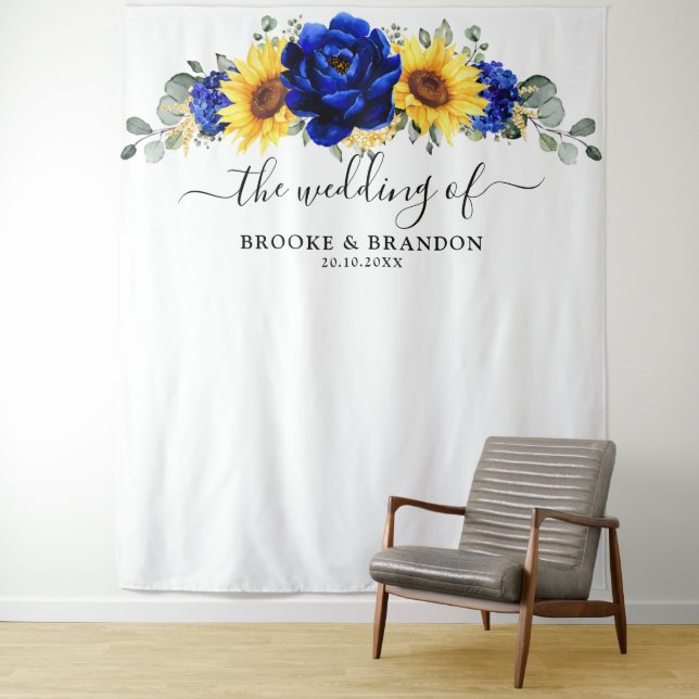 Royal Blue Rustic Sunflower Modern Wedding Tapestr Tapestry (In Situ)