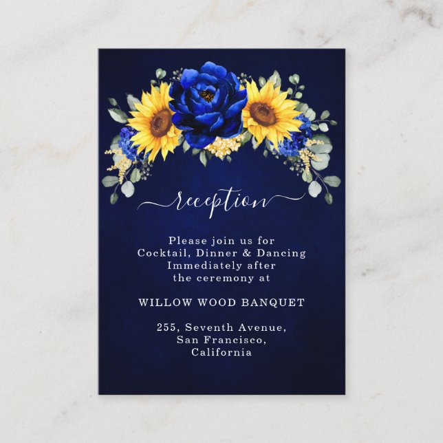 Royal Blue Rustic Sunflower Wedding Reception Encl Enclosure Card (Front)