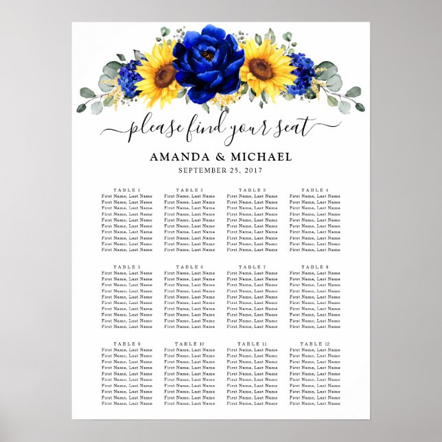 Royal Blue Rustic Sunflower Wedding Seating Chart (Front)