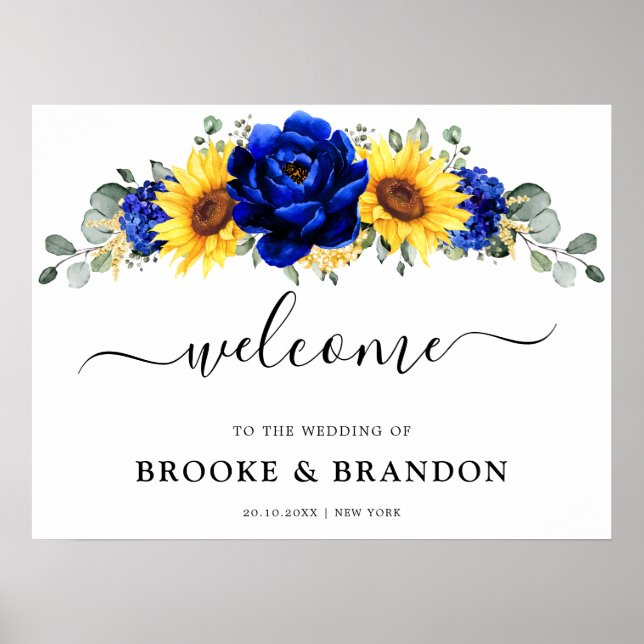 Royal Blue Rustic Sunflower Wedding Welcome Poster (Front)