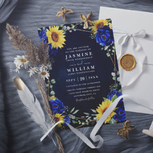 Royal Blue Rustic Sunflowers Chic QR Code Wedding Invitation