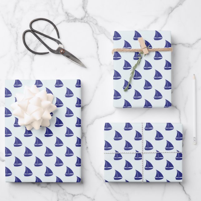 Royal Blue Sailboat Pattern Wrapping Paper Sheet (Front)