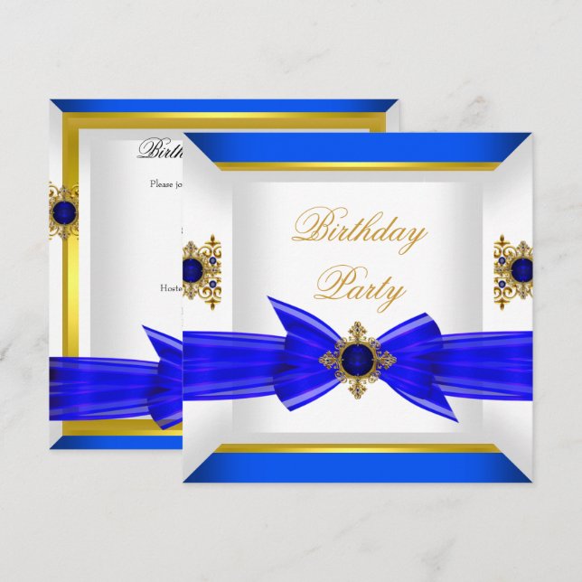 Royal Blue Sapphire Gem Jewel Gold Bow Birthday Invitation (Front/Back)
