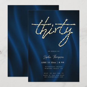 Royal Blue Satin Rhinestones Elegant 30th Birthday Invitation
