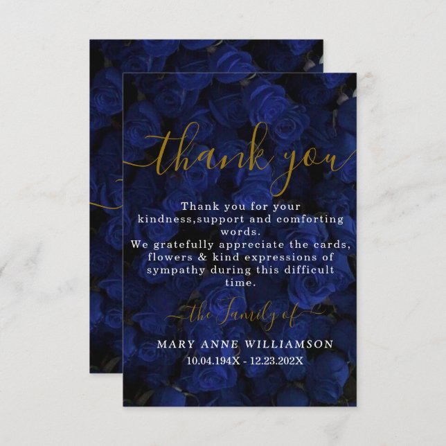Royal Blue Script Minimal Funeral Thank You Card (Front/Back)