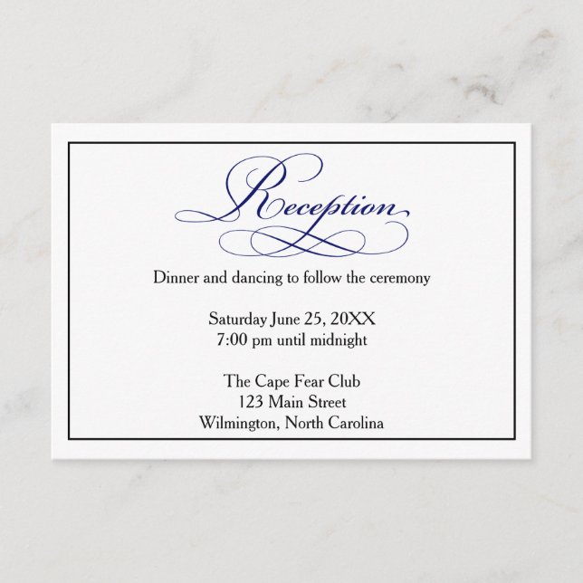 Royal Blue Script Wedding Reception Details Card (Front)
