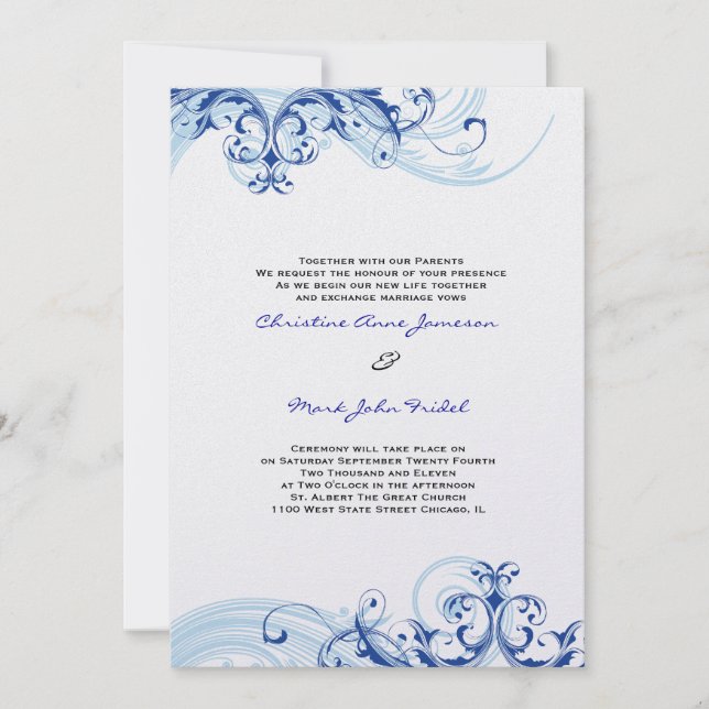 Royal Blue Scroll Fleurish Wedding Invitation (Front)