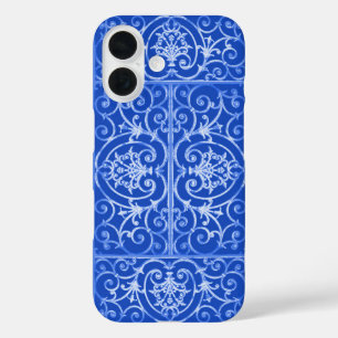 Royal blue scrollwork pattern iPhone 16 case