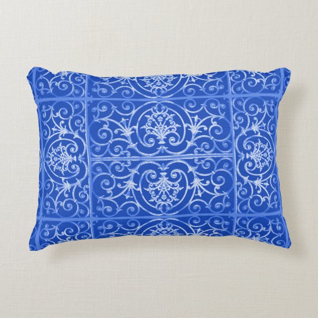 Royal blue scrollwork pattern decorative cushion (Front)