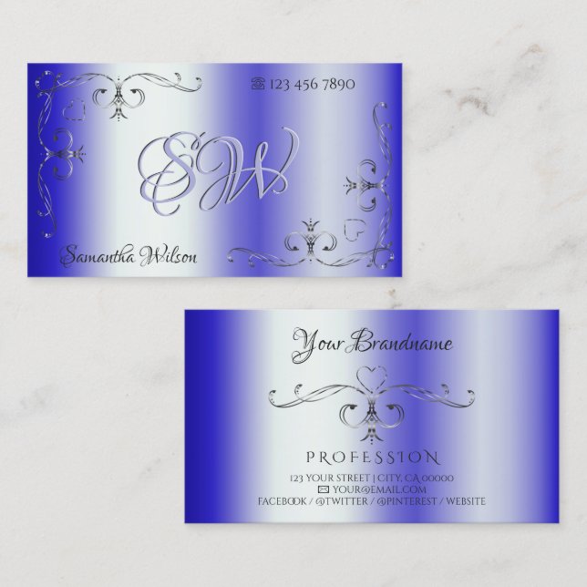 Royal Blue Shimmery Ornate Corner Border Initials Business Card (Front/Back)