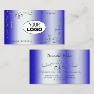 Royal Blue Shimmery Ornate Corner Border with Logo Business Card