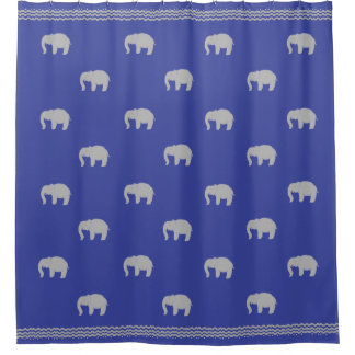 Royal Blue Shower Curtain with Graphic Elephants