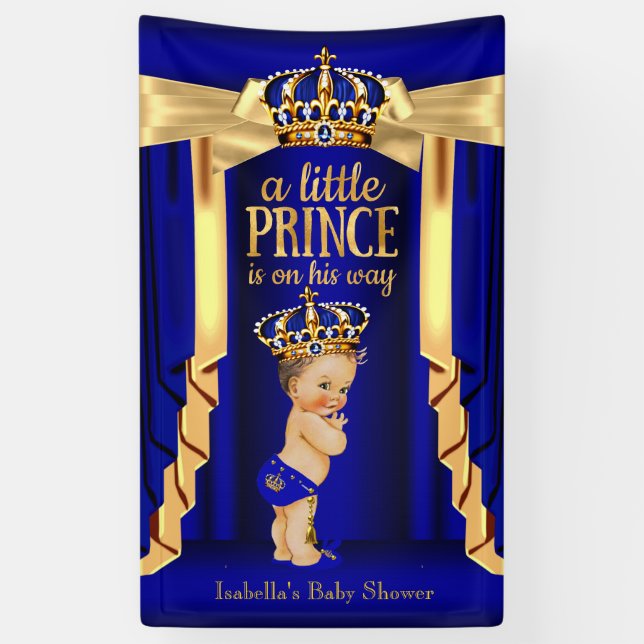 Royal Blue Silk Gold Crown Baby Shower Brunette Banner (Vertical)