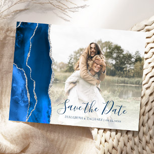 Royal Blue Silver Agate Custom Photo Save the Date Postcard