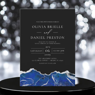 Royal Blue Silver Agate Elegant Modern Wedding Invitation