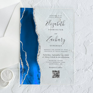 Royal Blue Silver Agate QR Code Wedding Acrylic Invitations