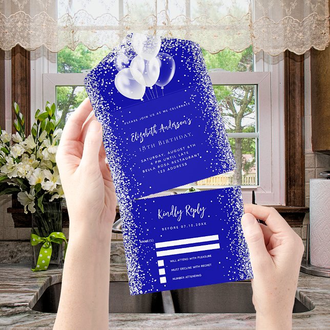 Royal blue silver balloons glitter birthday rsvp all in one invitation (Creator Uploaded)