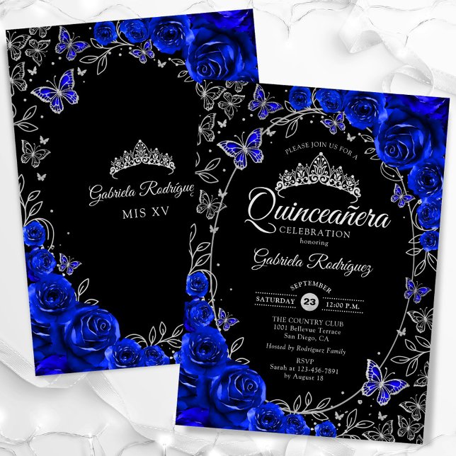 Royal Blue Silver Black Quinceanera Invitation (Creator Uploaded)
