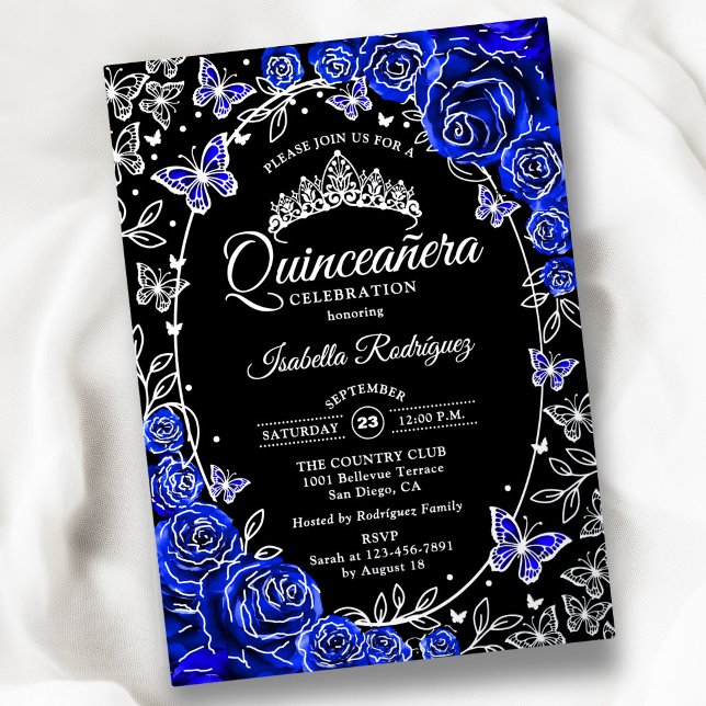 Royal Blue Silver Black Roses Quinceanera (Creator Uploaded)