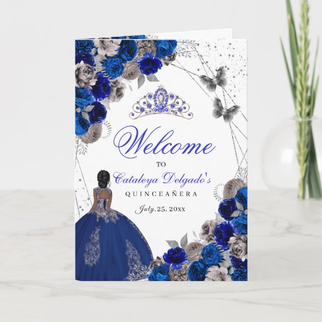Royal Blue Silver Butterfly Quinceanera Program Invitation (Front)
