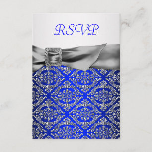 Royal Blue Silver Damask Silver 25th Anniversary RSVP Card