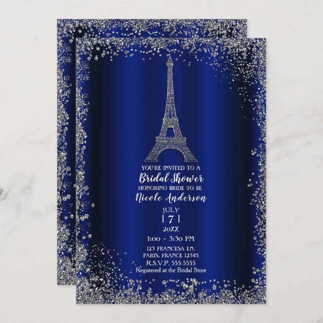 Royal Blue Silver Eiffel Tower Chic Bridal Shower Invitation (Front/Back)