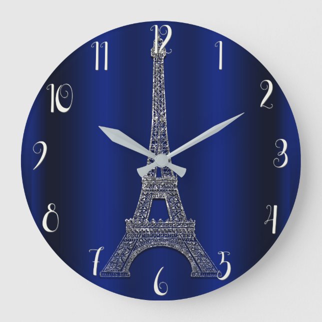 Royal Blue & Silver Eiffel Tower Paris Modern Glam Large Clock (Front)