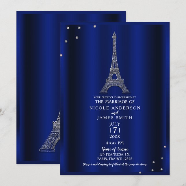 Royal Blue & Silver Eiffel Tower Paris Wedding Invitation (Front/Back)