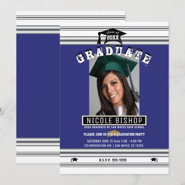 Royal Blue Silver Elegant Photo Graduation Party   Invitation (Front/Back)