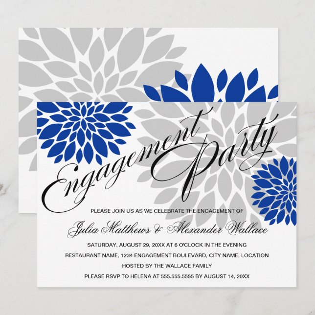 Royal Blue Silver Floral Burst Engagement Party Invitation (Front/Back)